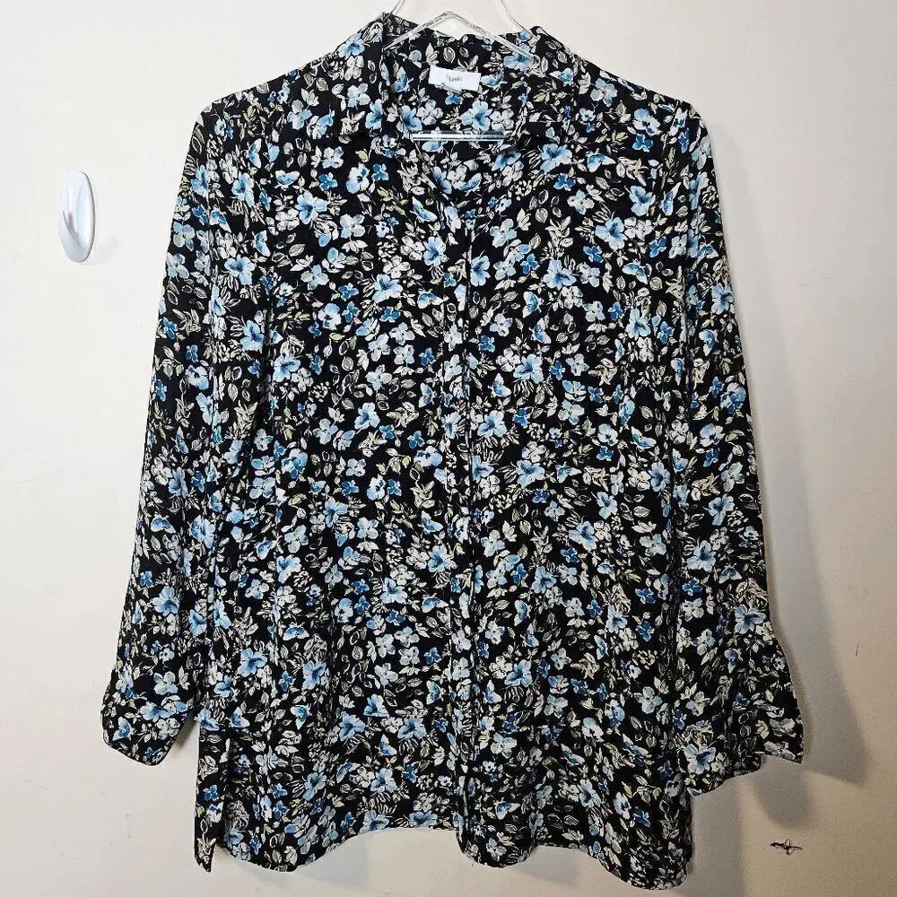 J. Jill Floral Cottagecore Long Sleeve Button Up Prarie Shirt Women's Black/Blue